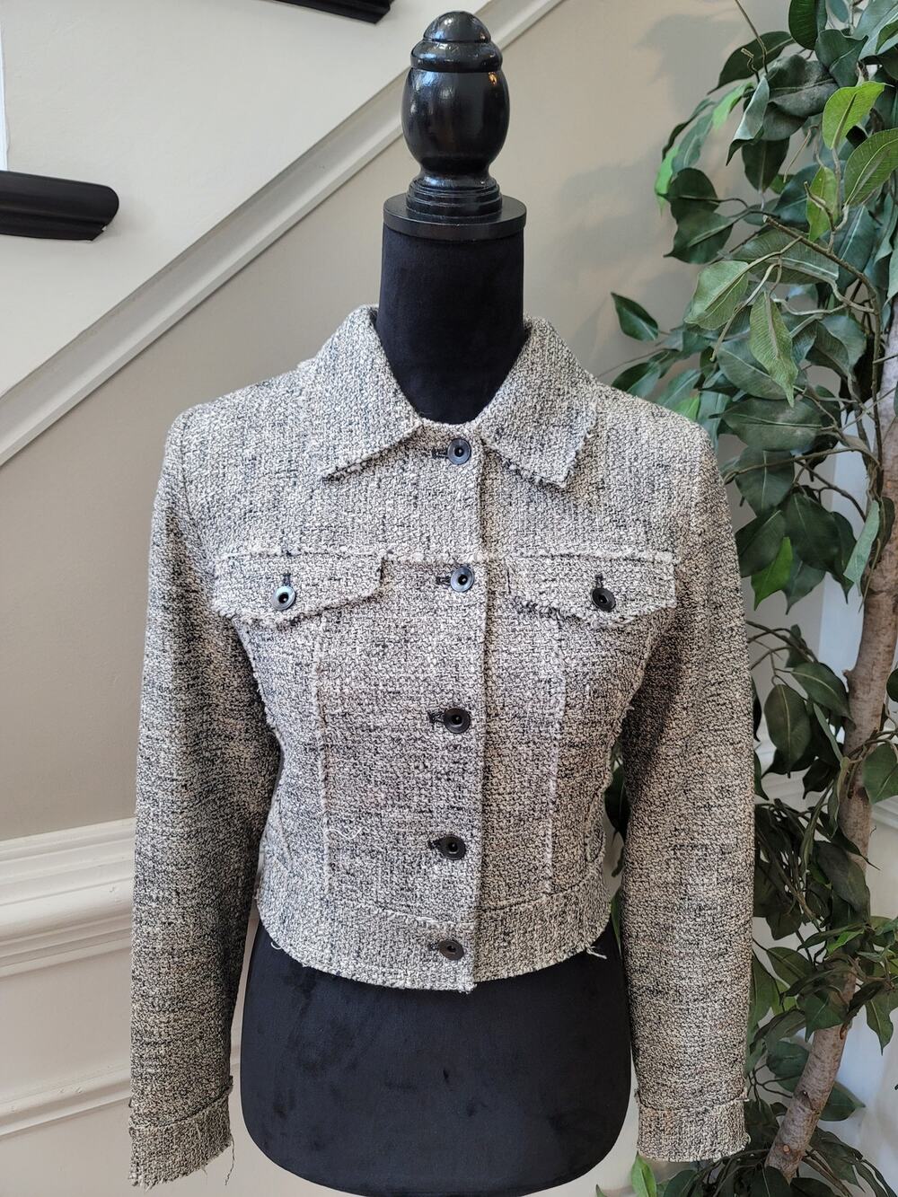 Milly Tweed Jacket Women's Small Gray Heathered Flap Pockets Button Up Front